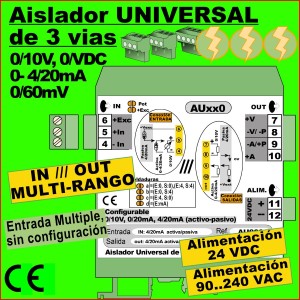 04c3- Aislador de 3 vías 24VDC configurable y multirango